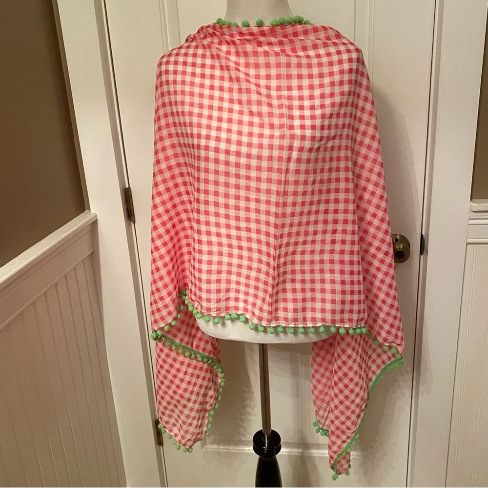 VINEYARD VINES SCARF PINK WHITE GINGHAM CHECK GREEN POM POMS LONG RECTANGLE WRAP